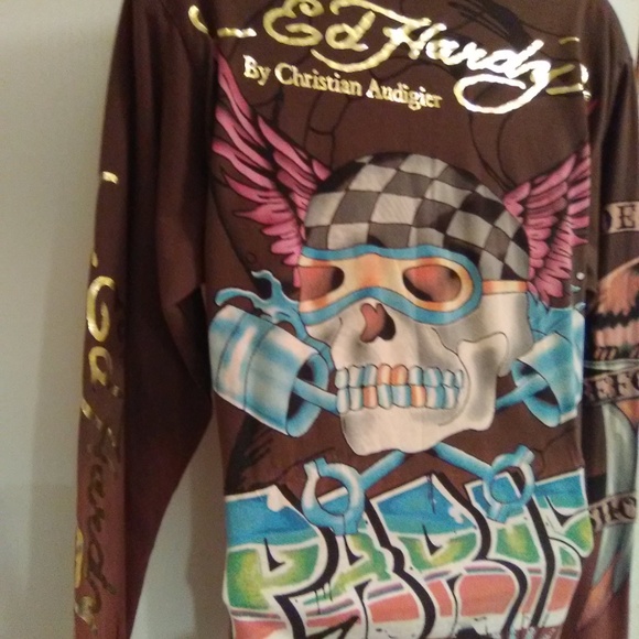 Ed Hardy Brown Long Sleeve Skull Graphics t-shirt Rare Find - Picture 12 of 16